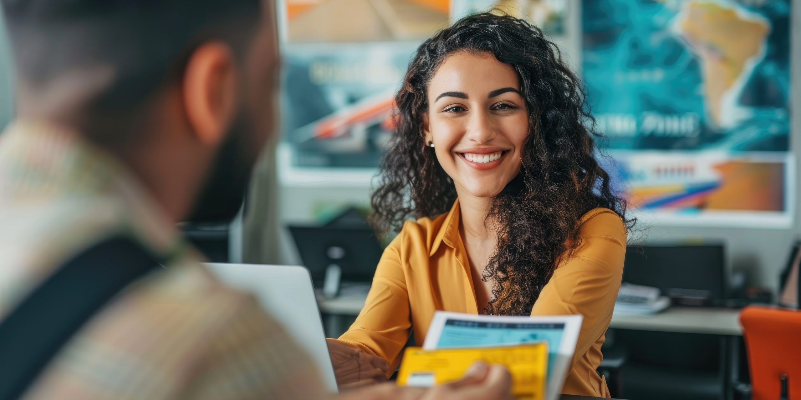 Female Travel Agent In The Office, Giving A Client Their Travel Reservation. Generative AI.