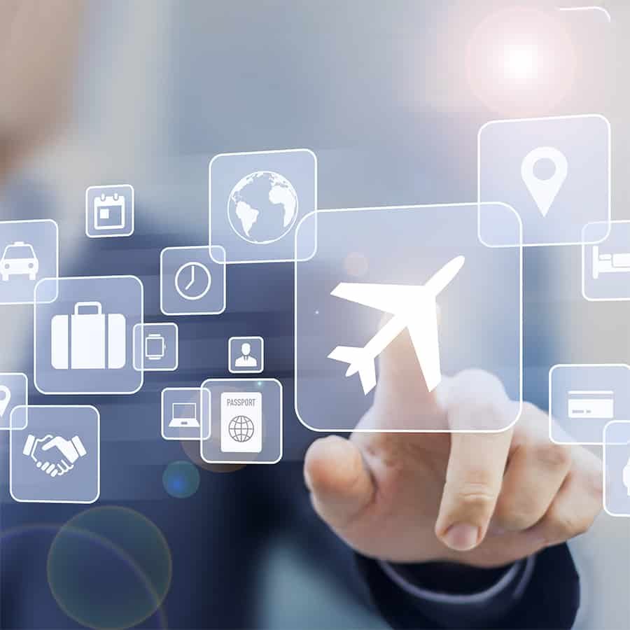 Business trip concept with a businessman touching a button on a screen with icons about travel planning, transportation, hotel, flight and passport